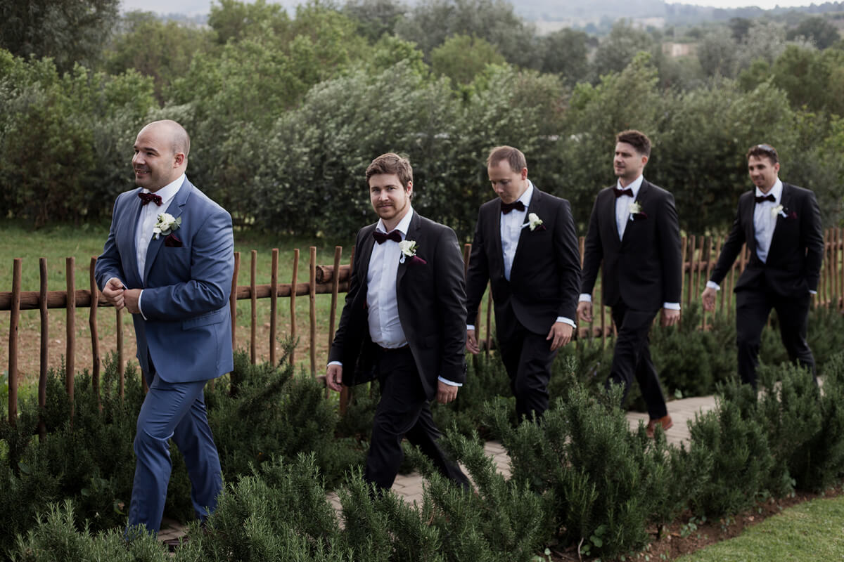 Groom and groomsmen leaving for the wedding ceremony at Cradle Valley Guest House in Muldersdrift