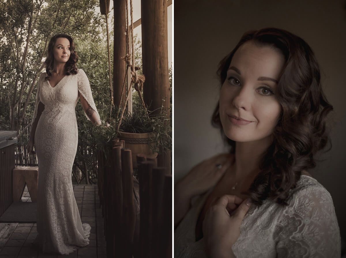 full length and head shot of bride outside the bridal suite at Cradle Valley Guest House in Muldersdrift, Gauteng