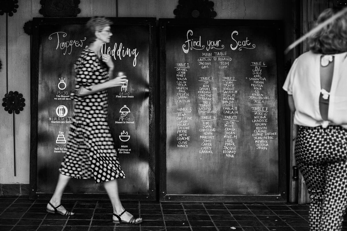 Patterned fabrics on guests in front of a wedding seating plan at Cradle Valley Guest House.