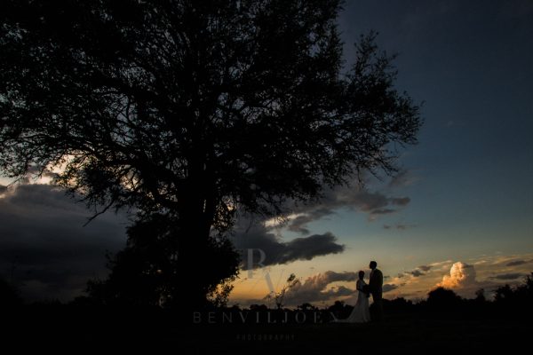 Bride and groom under a tree with clouds in the background. Lion Sands Ivory Lodge, Sabi Sand
