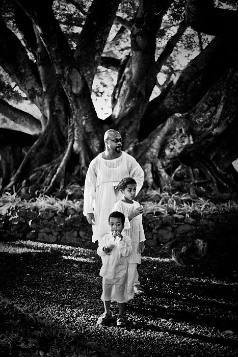 Groom with children and a spectacular tree in Mauritius