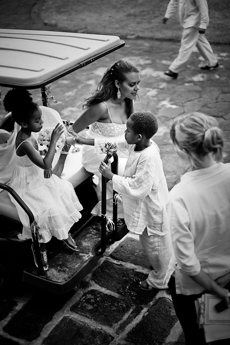 Bride arriving for wedding reception at chateau